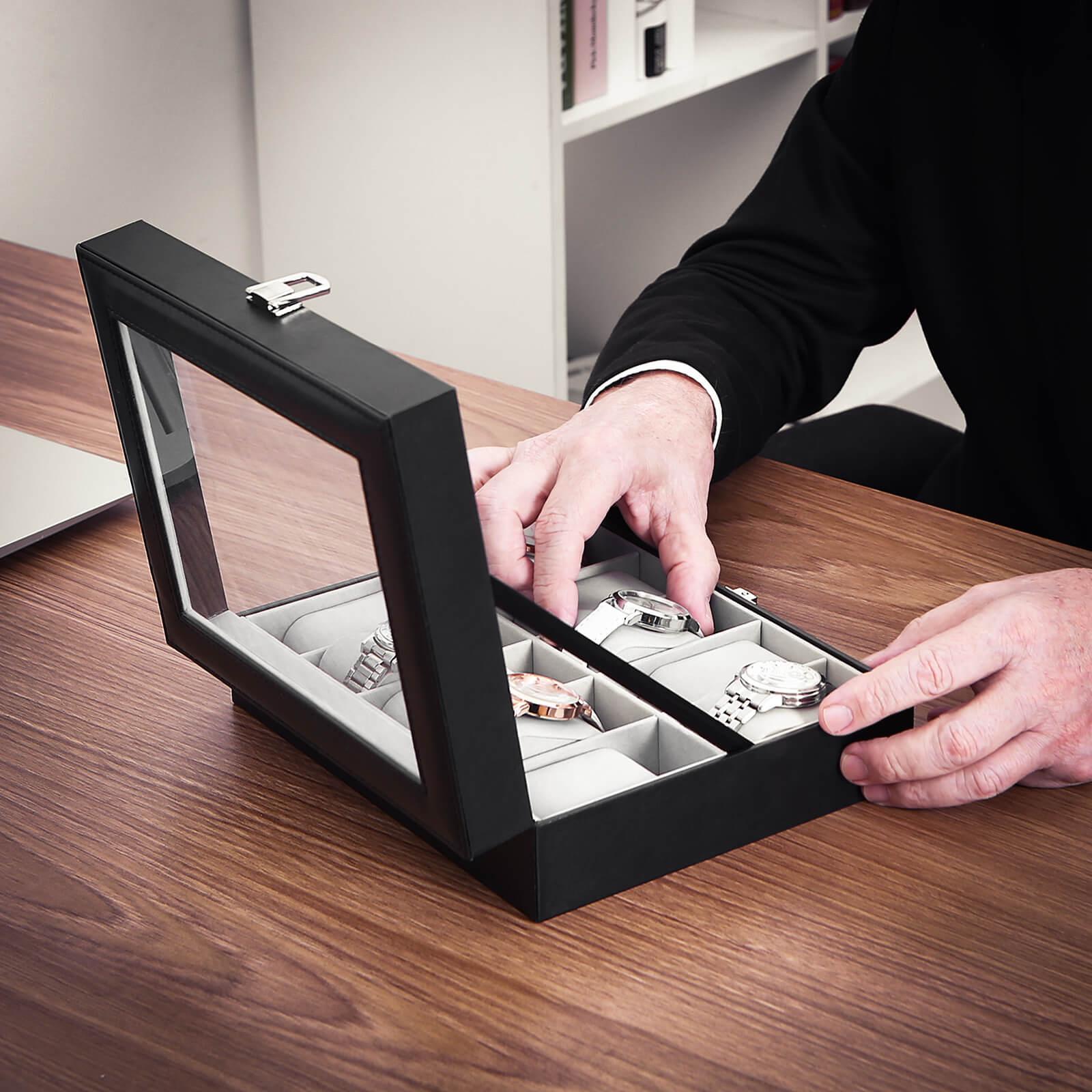 Watchbox - 10 compartments - Glass lid - Black/Gray