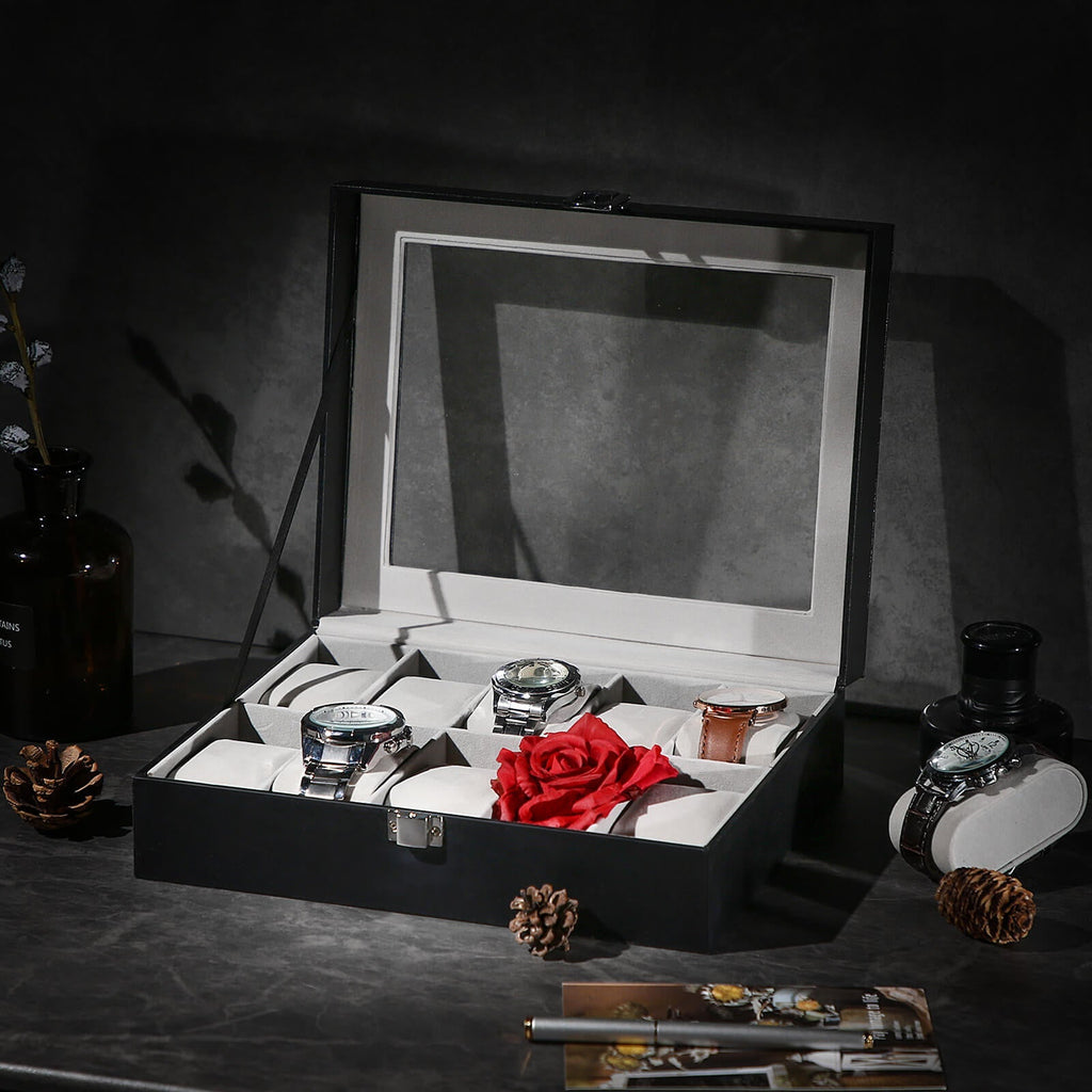 Watchbox - 10 compartments - Glass lid - Black/Gray