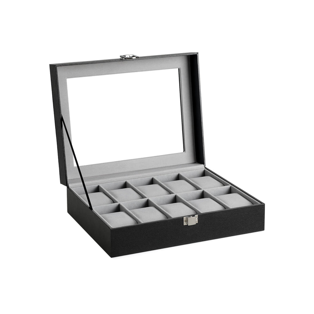 Watchbox - 10 compartments - Glass lid - Black/Gray