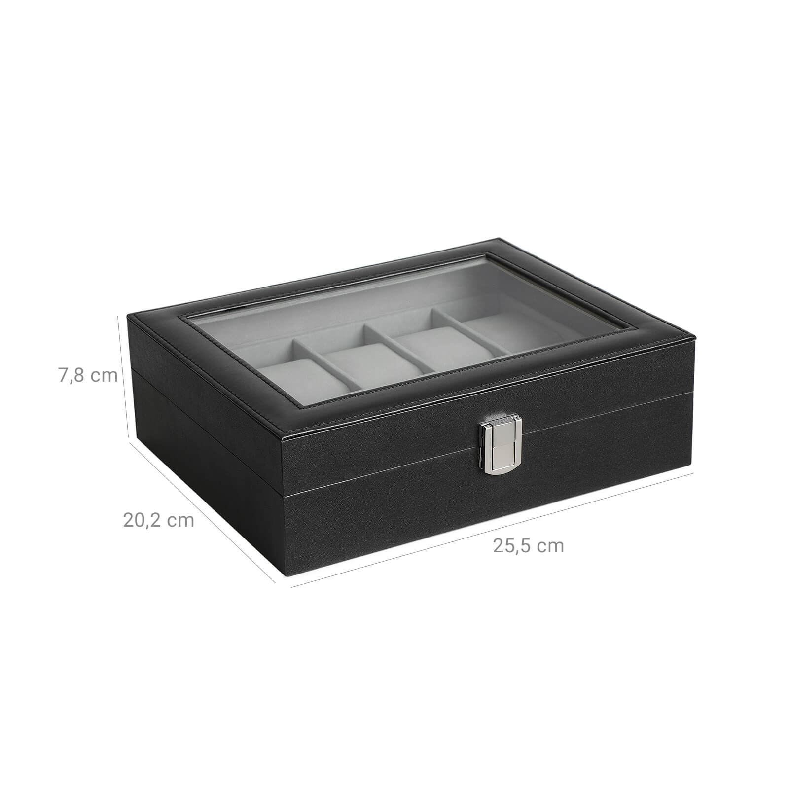 Watchbox - 10 compartments - Glass lid - Black/Gray