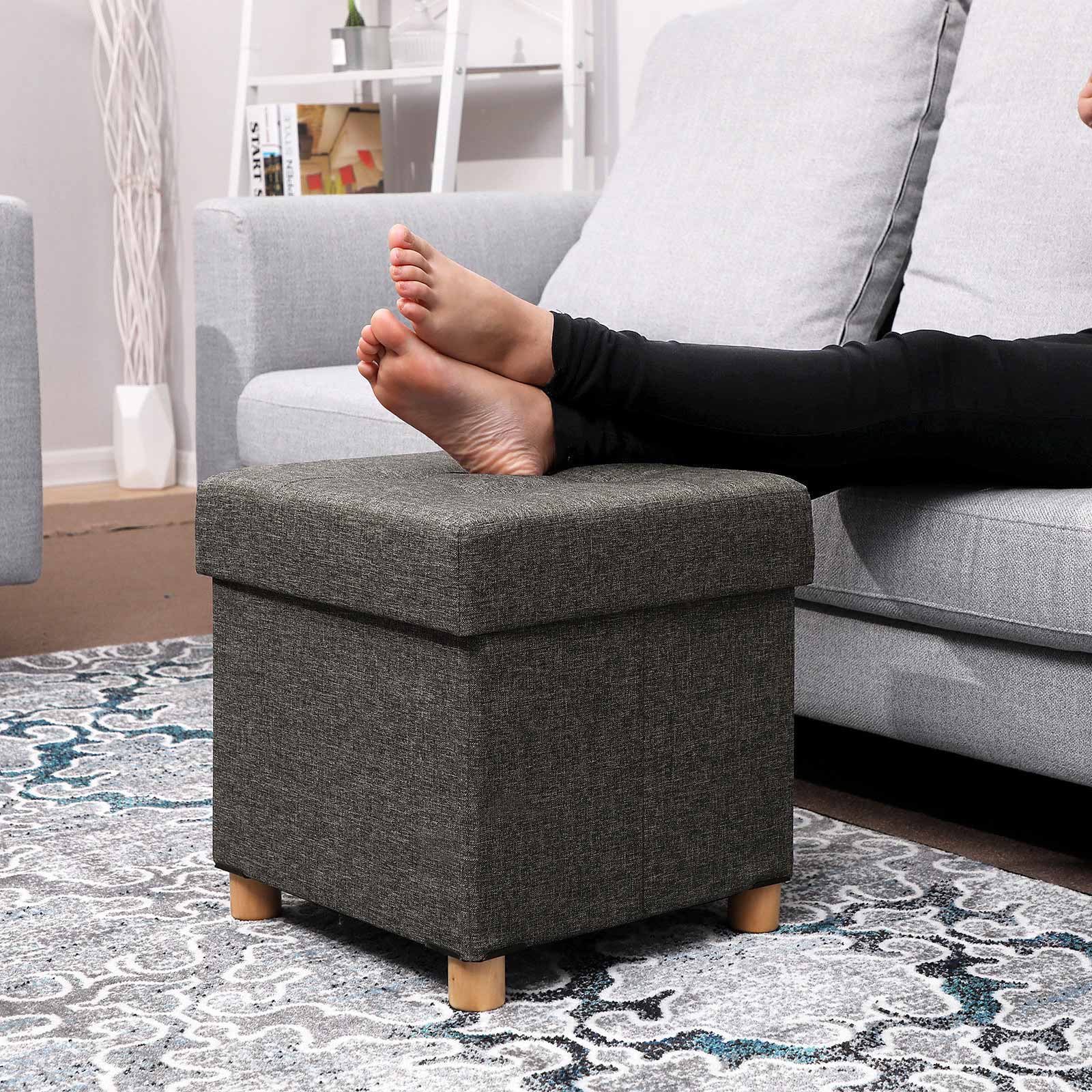 Pouf - with storage space - wooden legs - seat box - beige