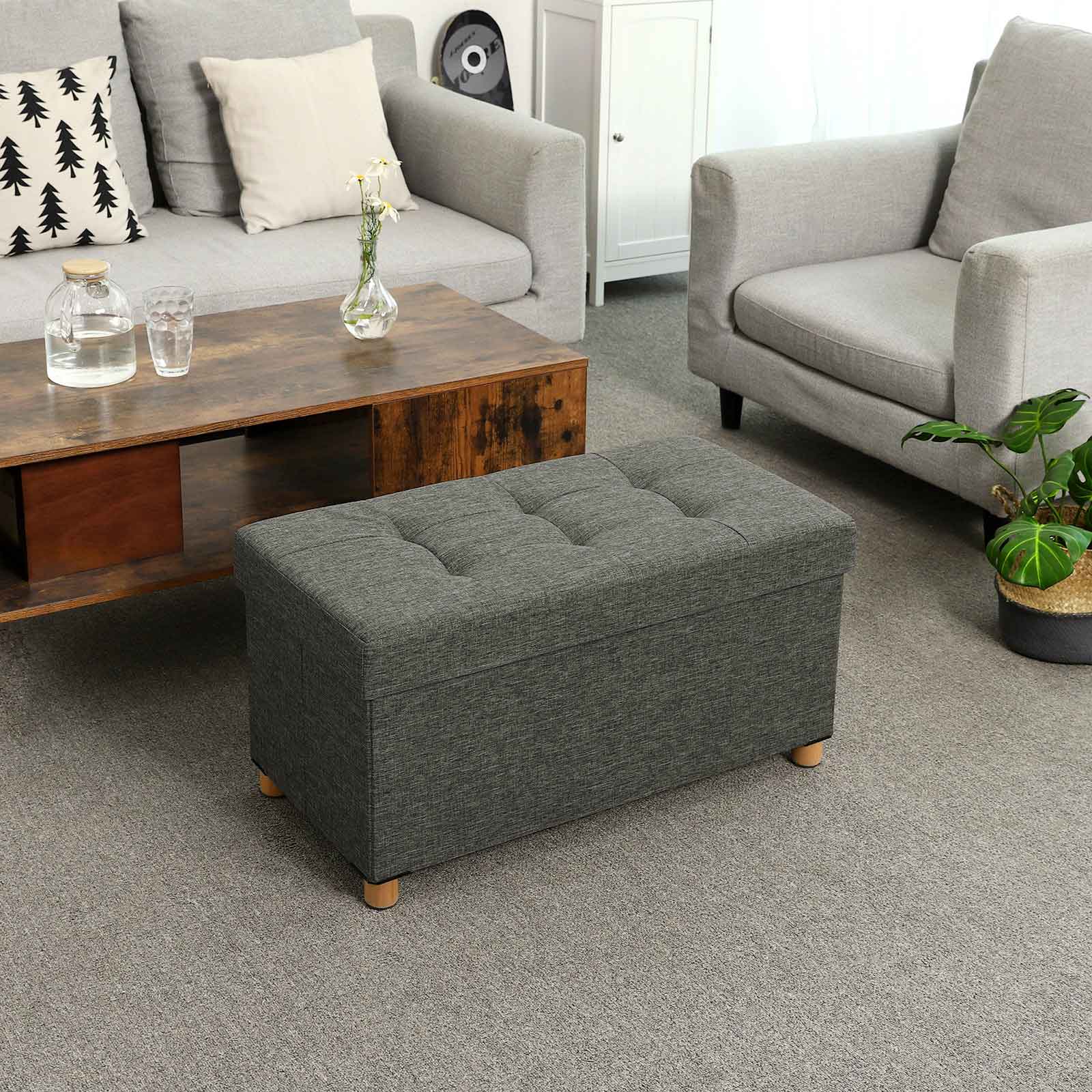 Seat box - Pouf with storage space and lid - Footstool - Wooden legs - 76 x 38 x 40 cm - Dark gray