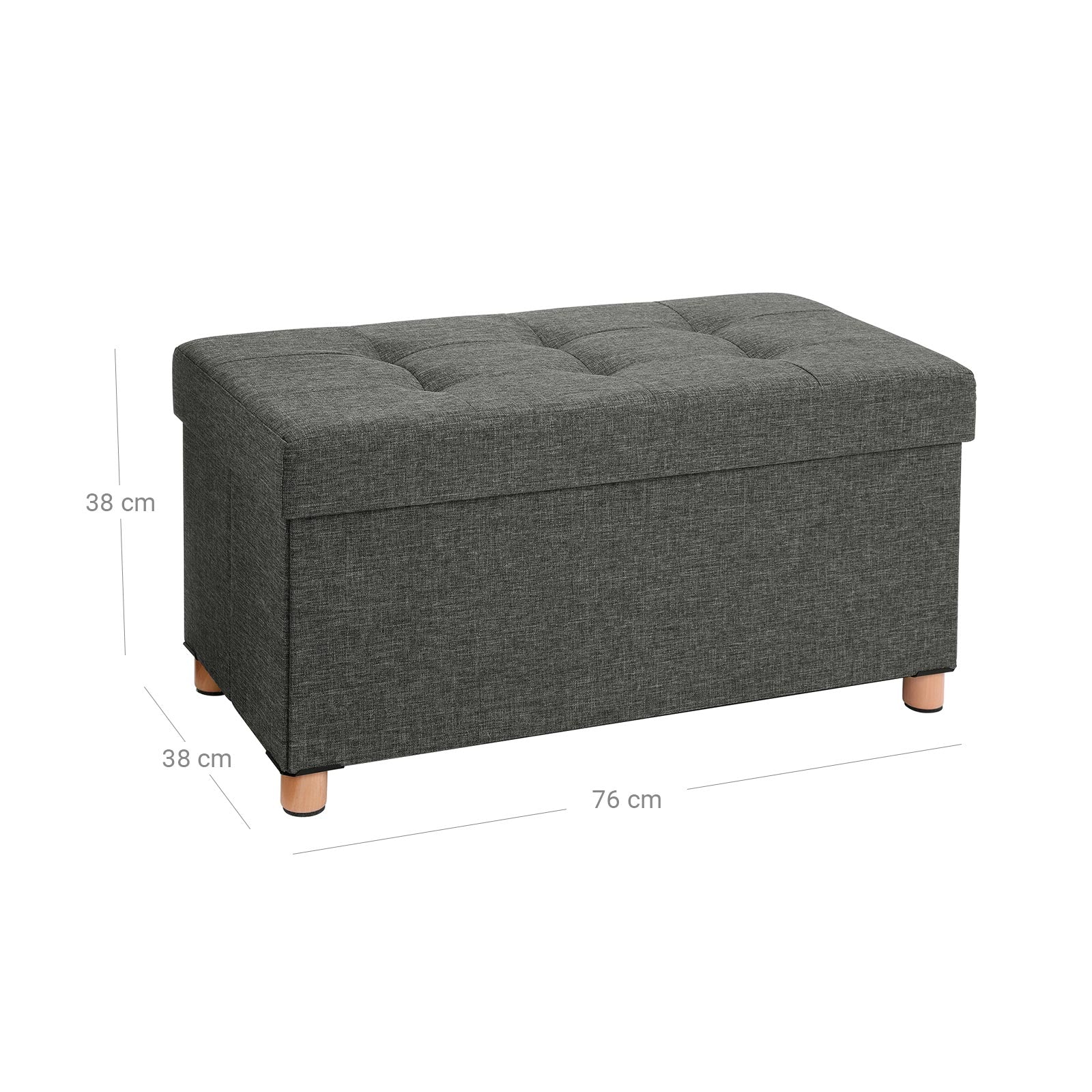 Seat box - Pouf with storage space and lid - Footstool - Wooden legs - 76 x 38 x 40 cm - Dark gray