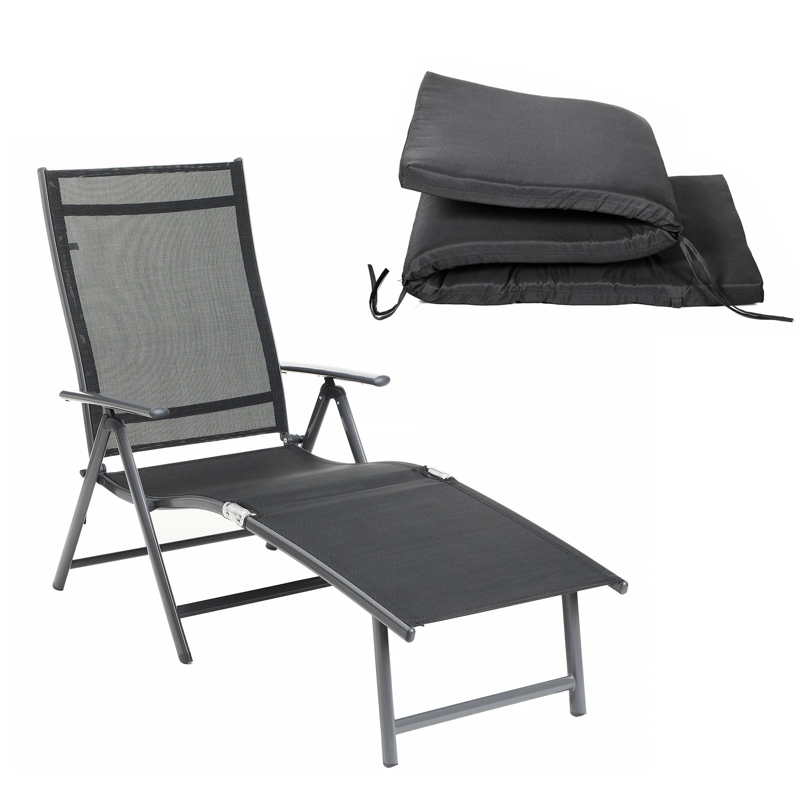 Lounge chair - Foldable - With removable cushion - Stainless aluminum - Black