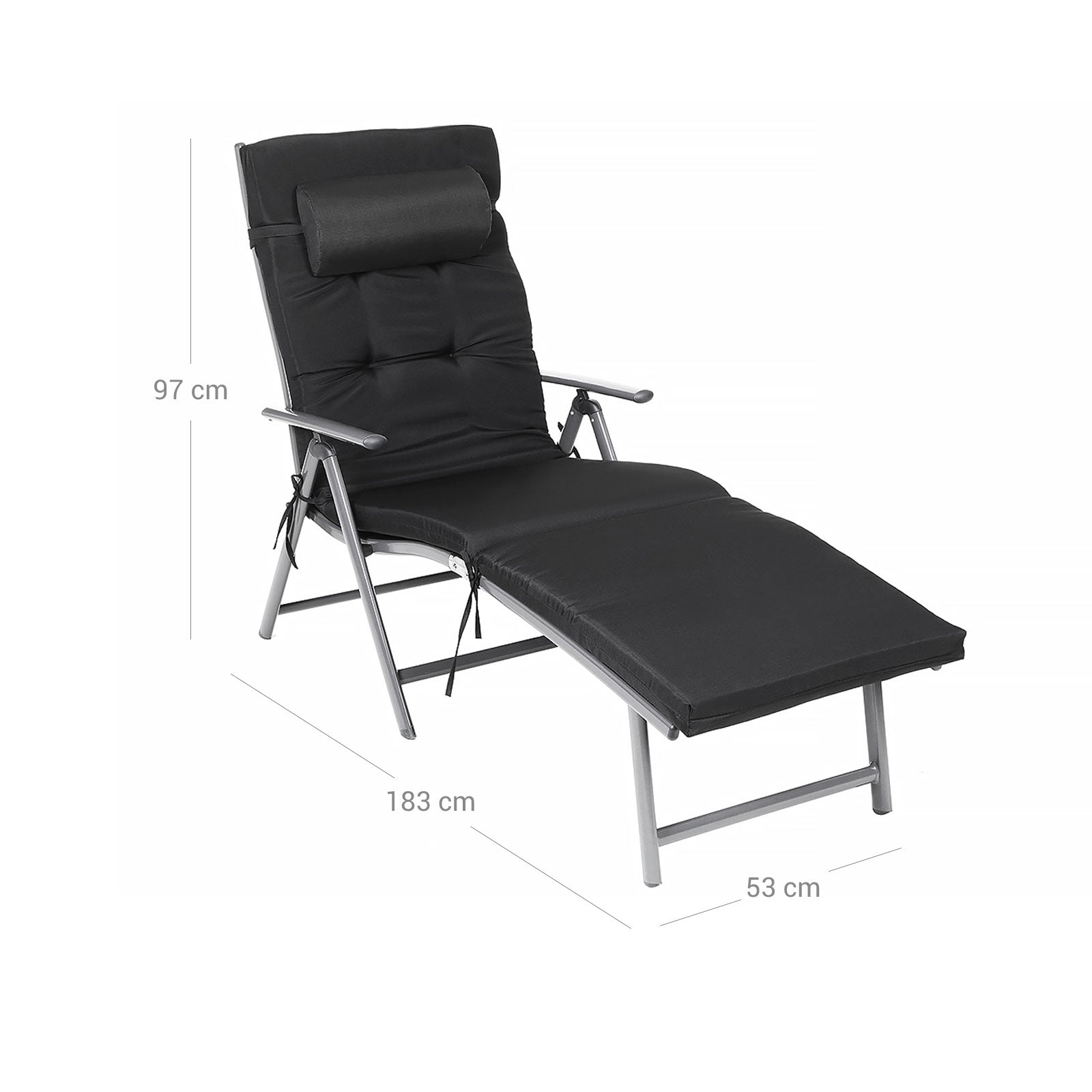 Lounge chair - Foldable - With removable cushion - Stainless aluminum - Black