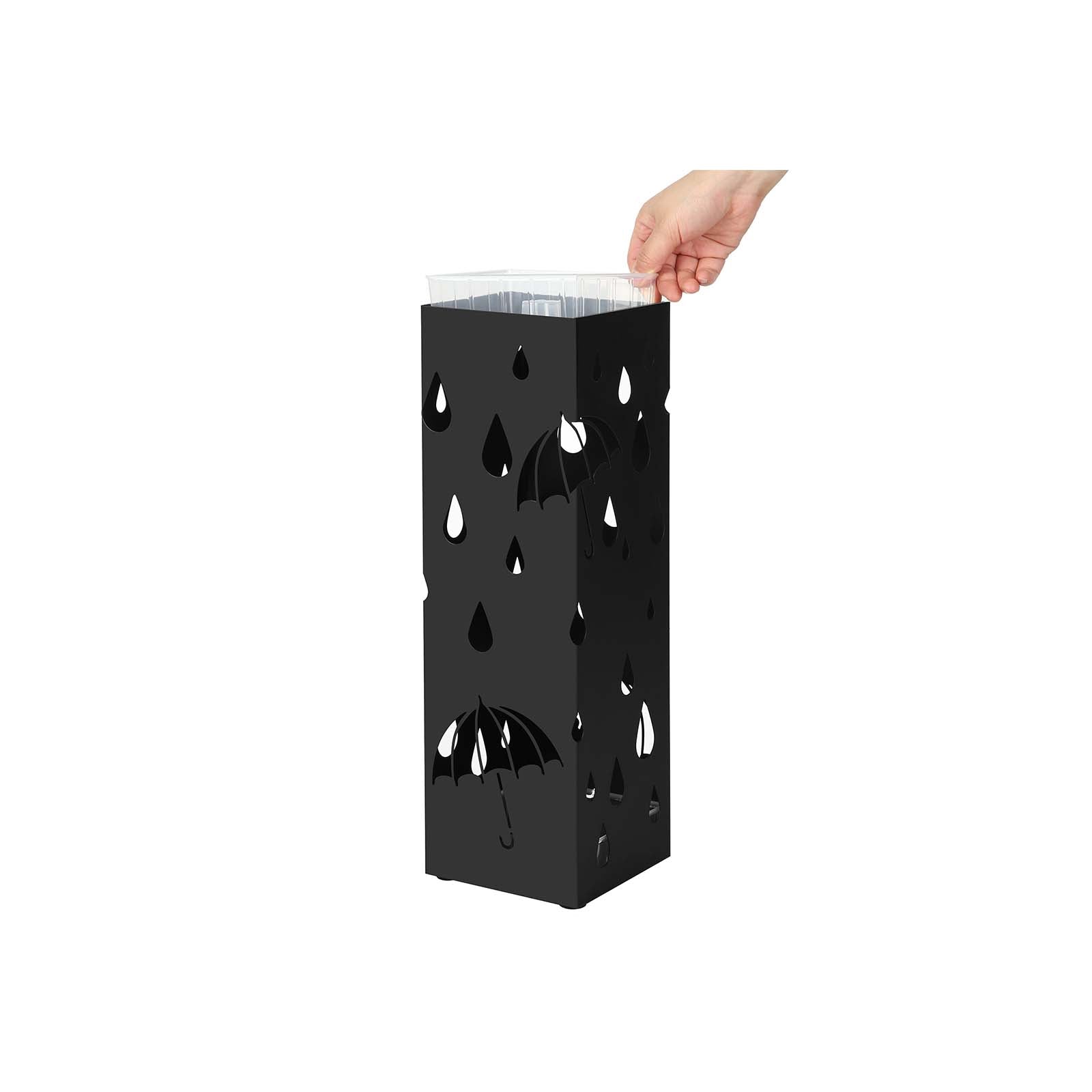 Umbrella holder - Metal square - With 4 hooks and water collection bin - Black