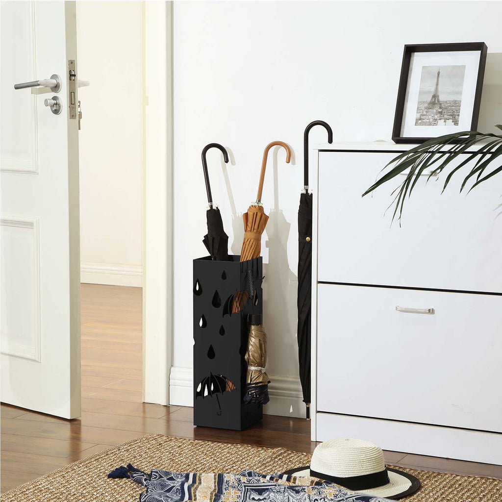 Umbrella holder - Metal square - With 4 hooks and water collection bin - Black