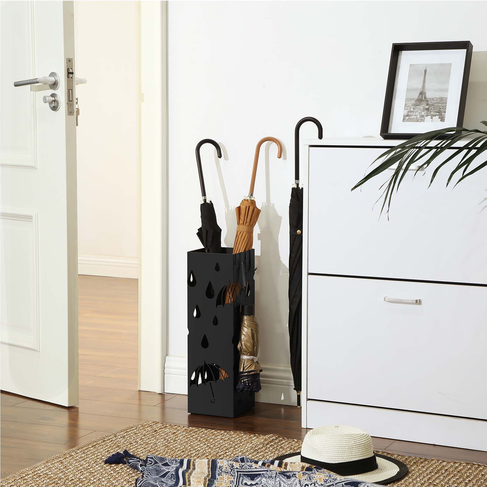 Umbrella holder - Metal square - With 4 hooks and water collection bin - Black
