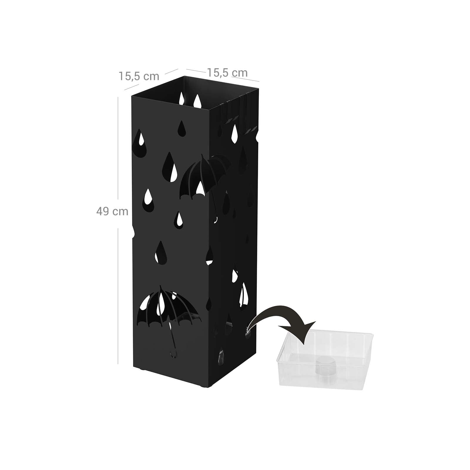 Umbrella holder - Metal square - With 4 hooks and water collection bin - Black