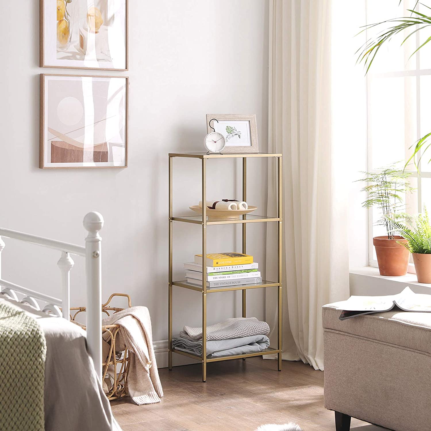 Bathroom cabinet - 4 levels - Open cupboard made of hardened glass - Gold -colored steel frame