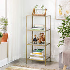 Bathroom cabinet - 4 levels - Open cupboard made of hardened glass - Gold -colored steel frame