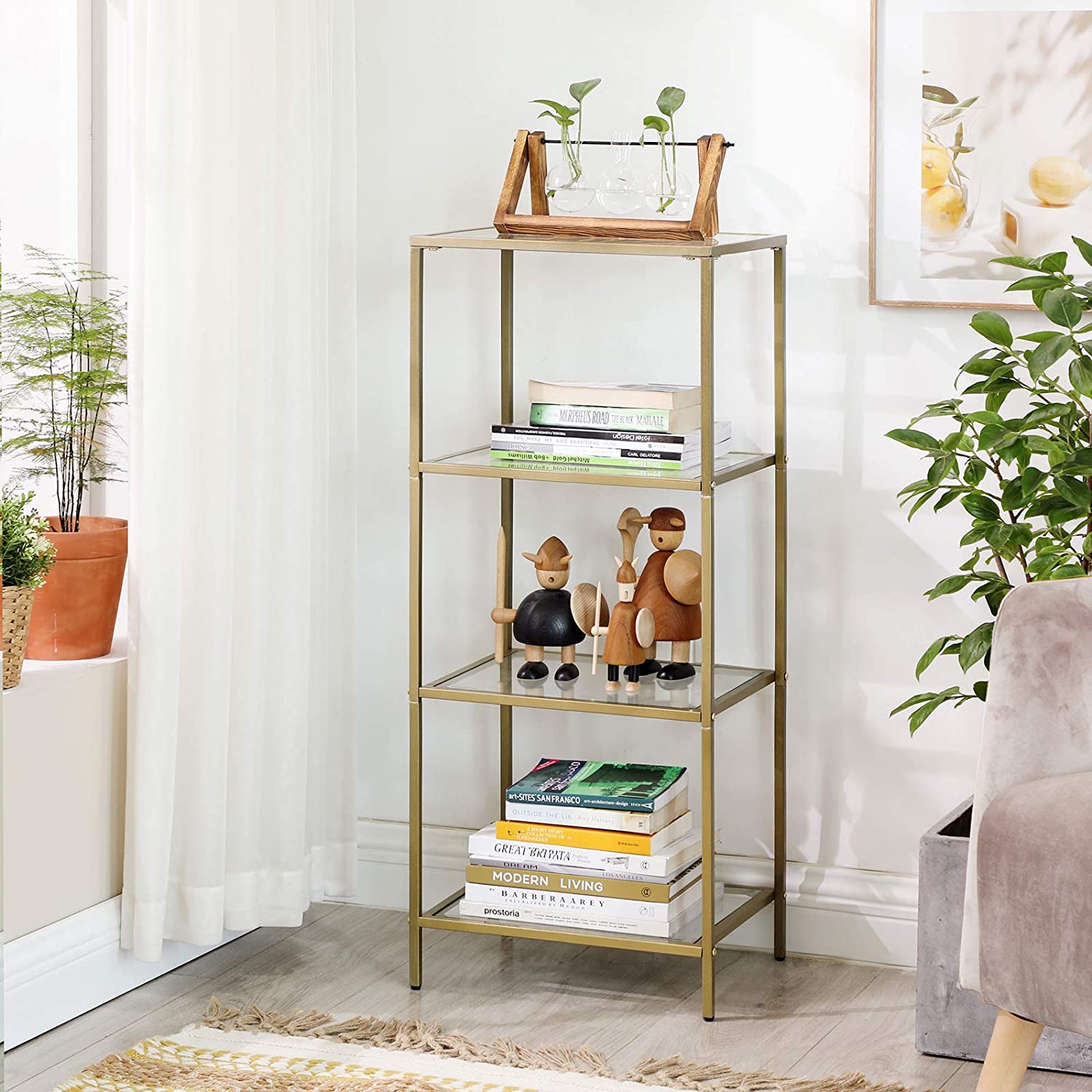 Bathroom cabinet - 4 levels - Open cupboard made of hardened glass - Gold -colored steel frame