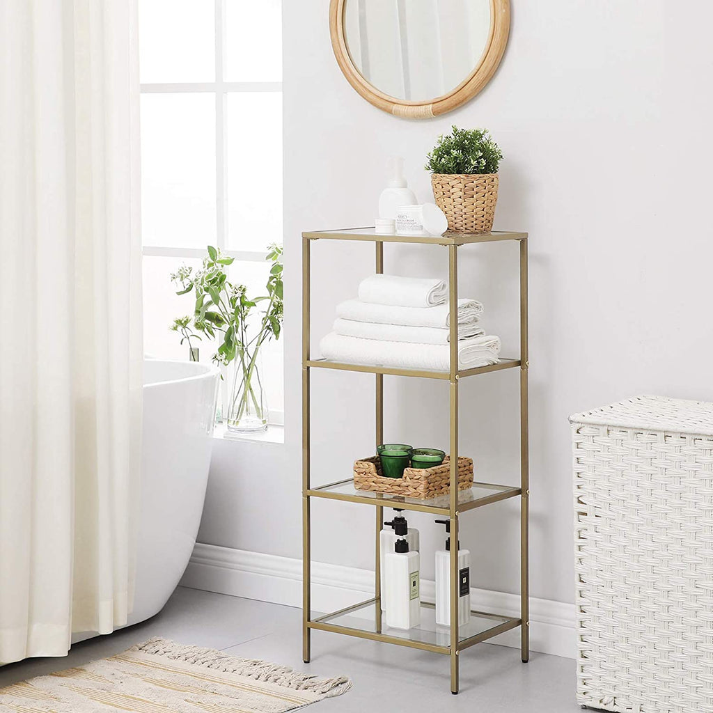 Bathroom cabinet - 4 levels - Open cupboard made of hardened glass - Gold -colored steel frame