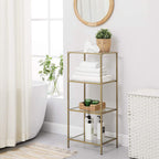 Bathroom cabinet - 4 levels - Open cupboard made of hardened glass - Gold -colored steel frame