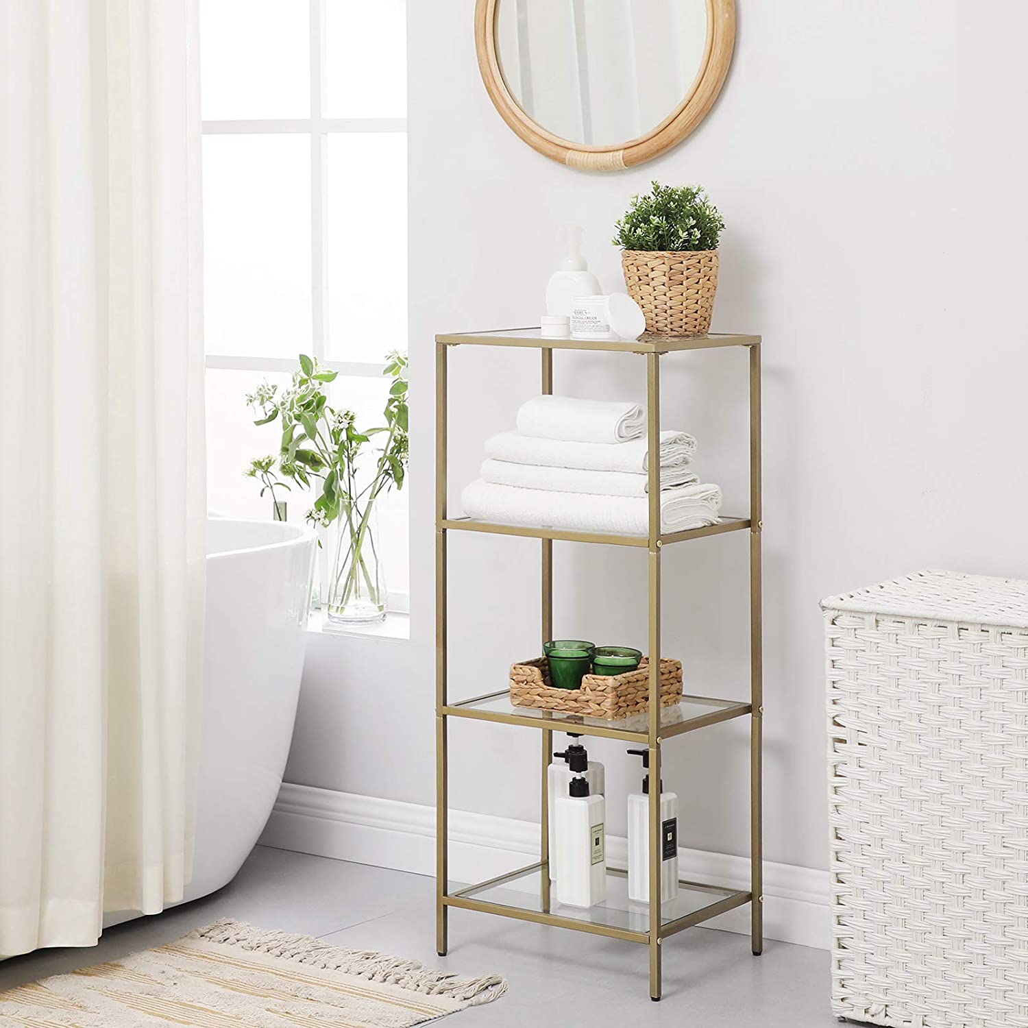 Bathroom cabinet - 4 levels - Open cupboard made of hardened glass - Gold -colored steel frame