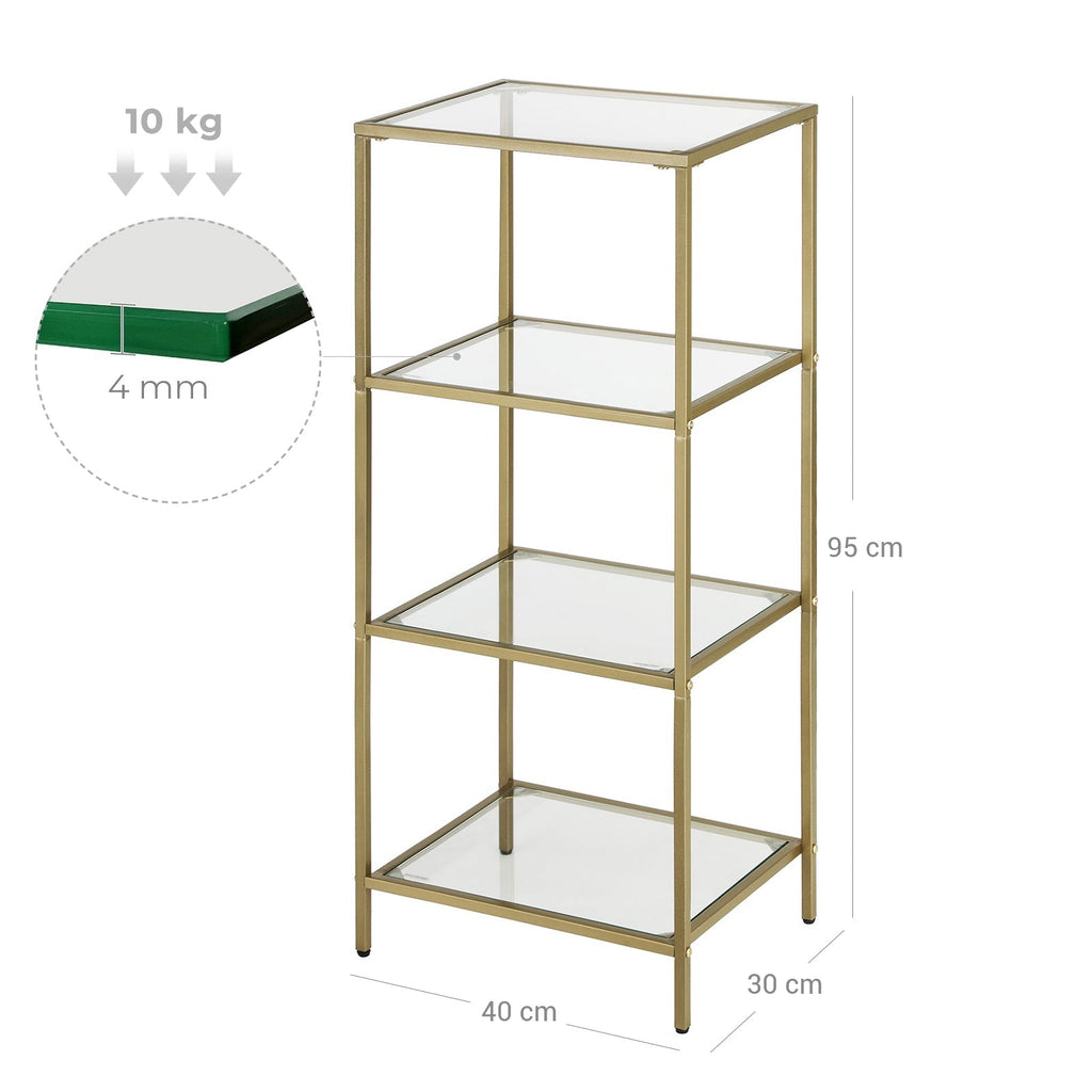 Bathroom cabinet - 4 levels - Open cupboard made of hardened glass - Gold -colored steel frame