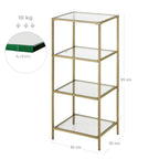 Bathroom cabinet - 4 levels - Open cupboard made of hardened glass - Gold -colored steel frame