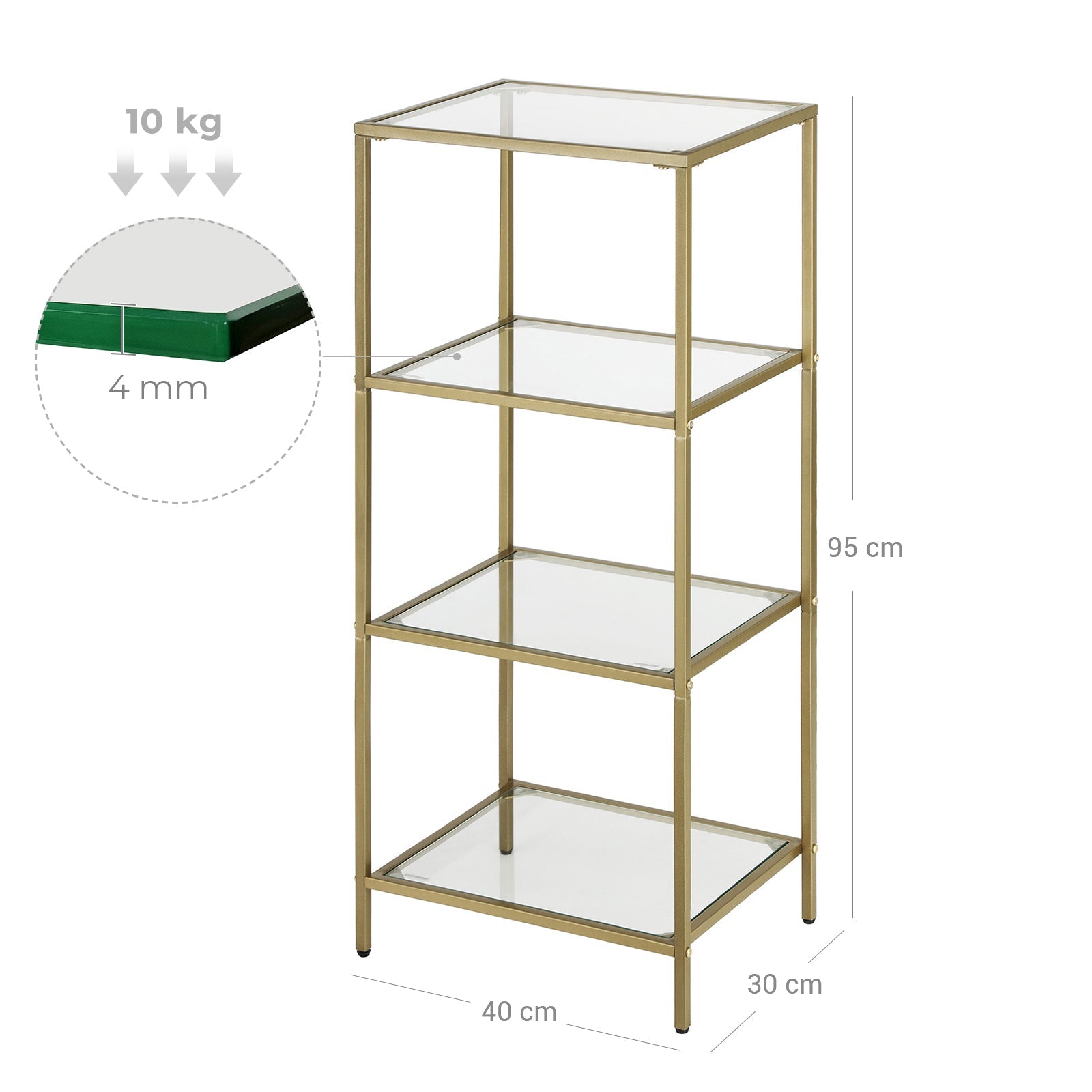Bathroom cabinet - 4 levels - Open cupboard made of hardened glass - Gold -colored steel frame