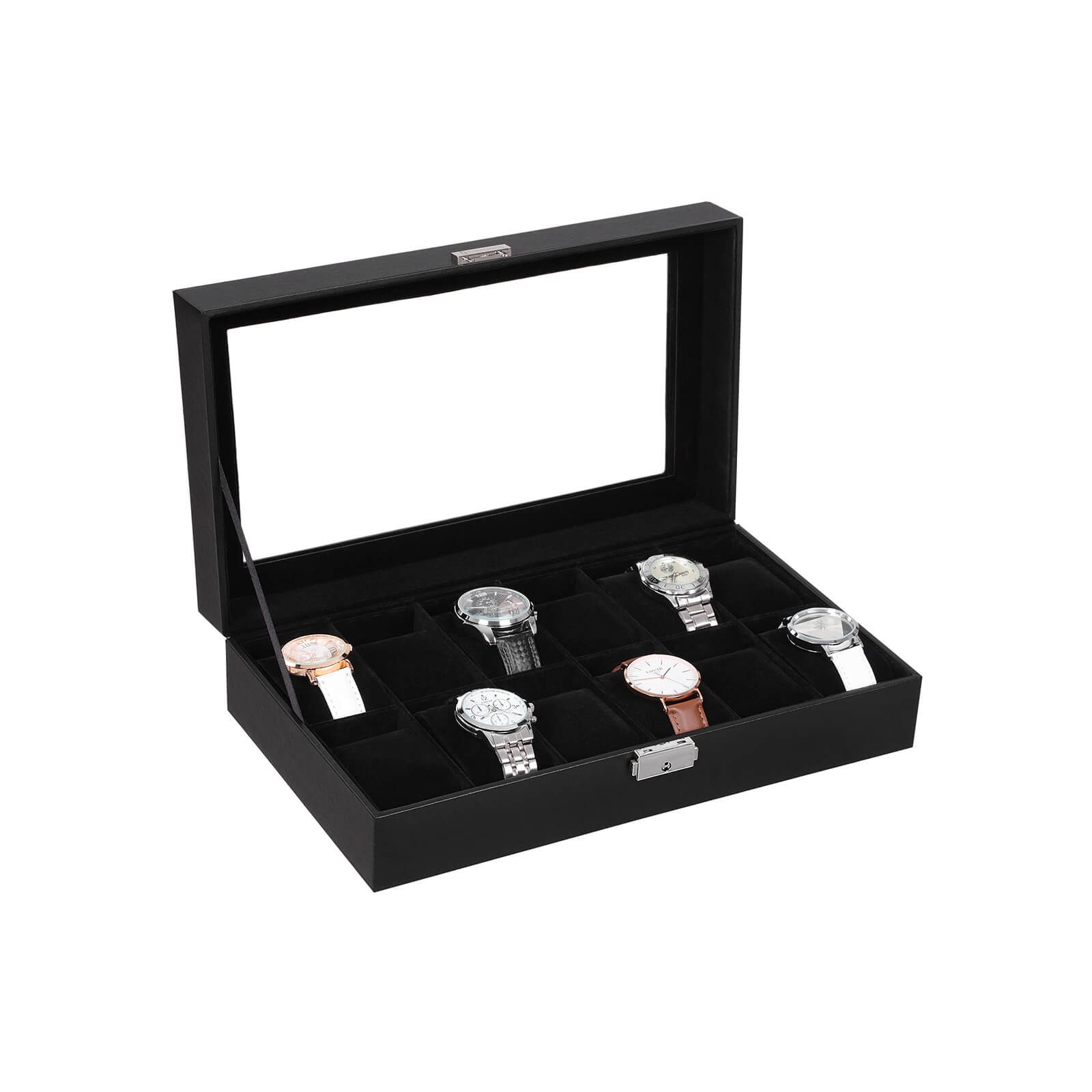 Watchbox - 12 watches - Glass lid - Black
