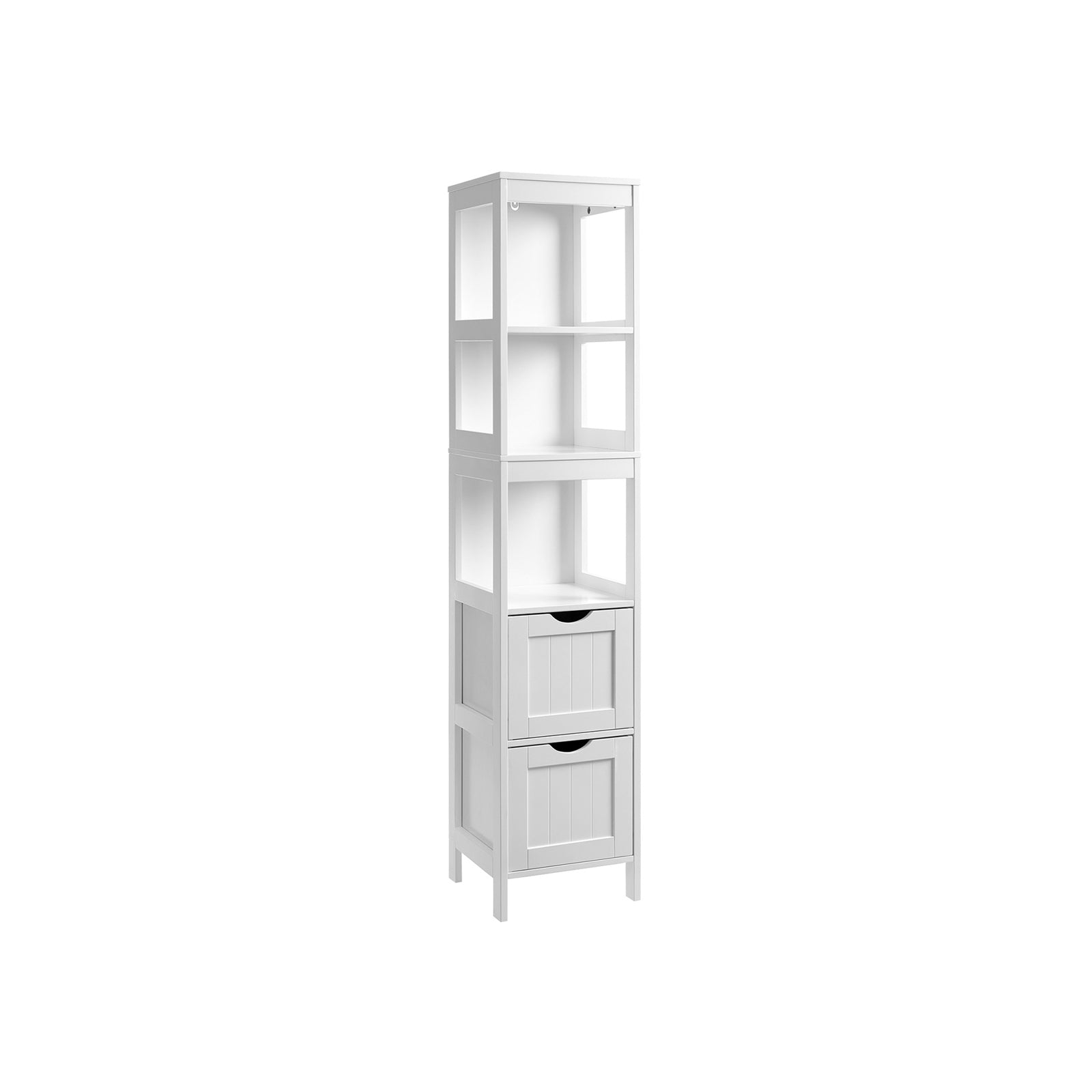 Bathroom cabinet - High cupboard with 2 drawers and 3 open compartments - 30 x 30 x 141.5 cm - White