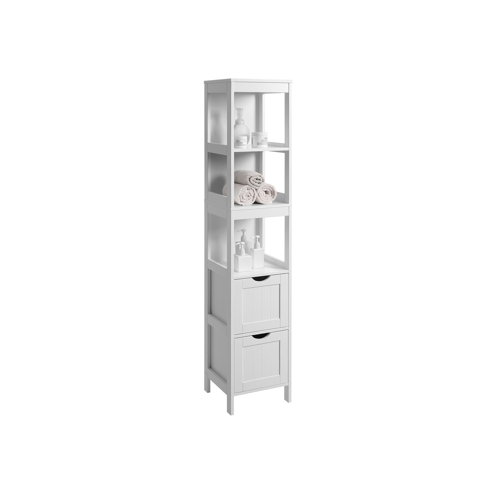 Bathroom cabinet - High cupboard with 2 drawers and 3 open compartments - 30 x 30 x 141.5 cm - White
