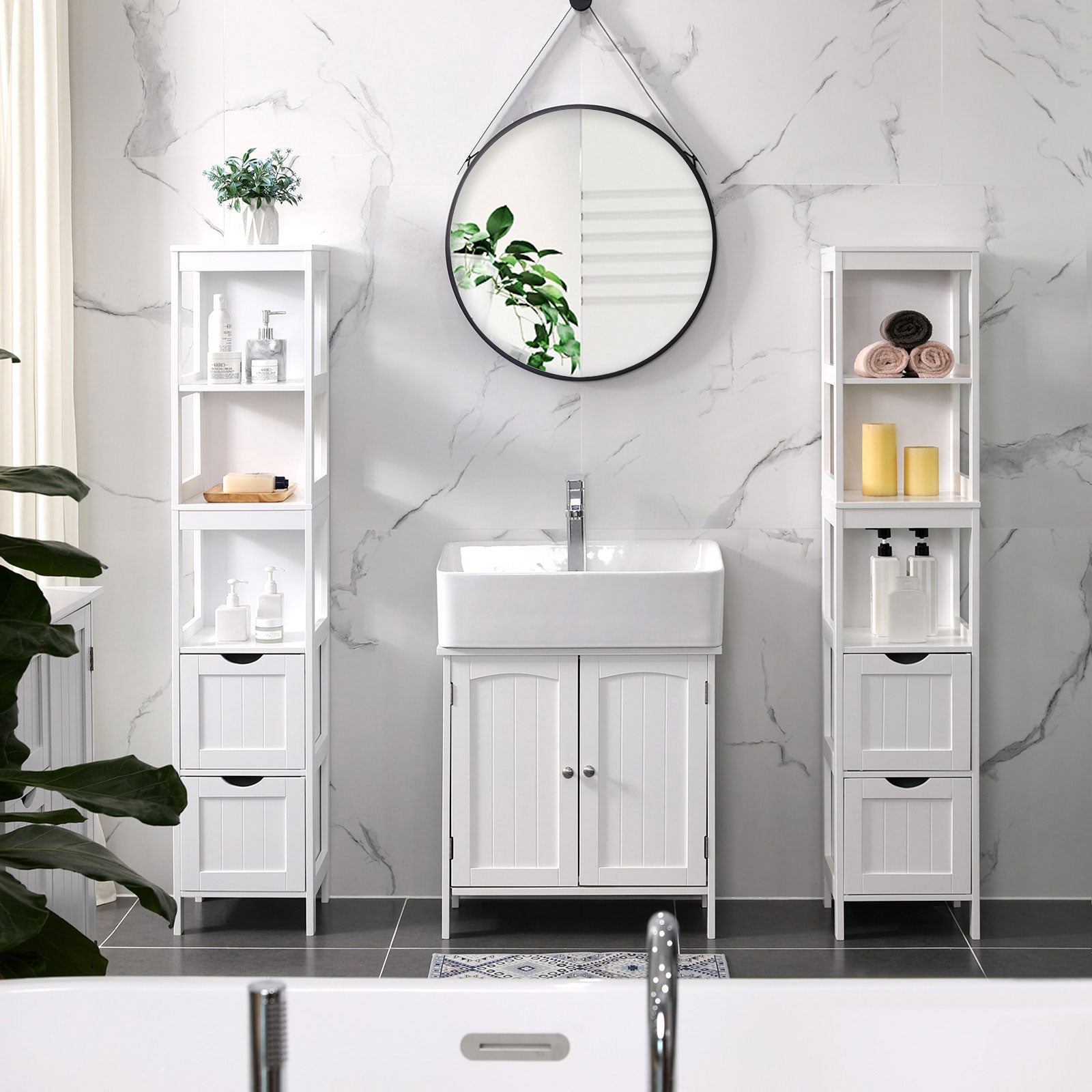 Bathroom cabinet - High cupboard with 2 drawers and 3 open compartments - 30 x 30 x 141.5 cm - White