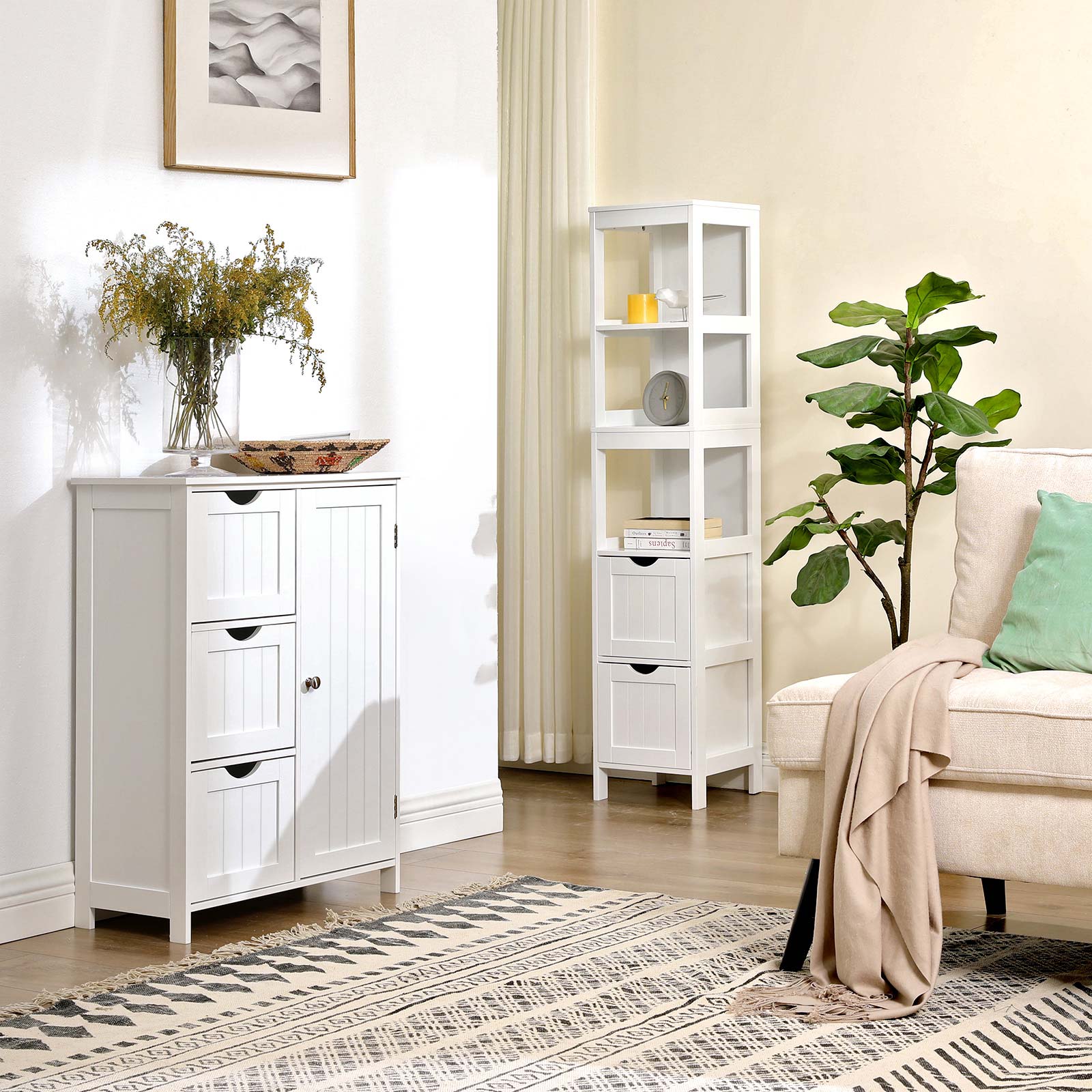 Bathroom cabinet - High cupboard with 2 drawers and 3 open compartments - 30 x 30 x 141.5 cm - White