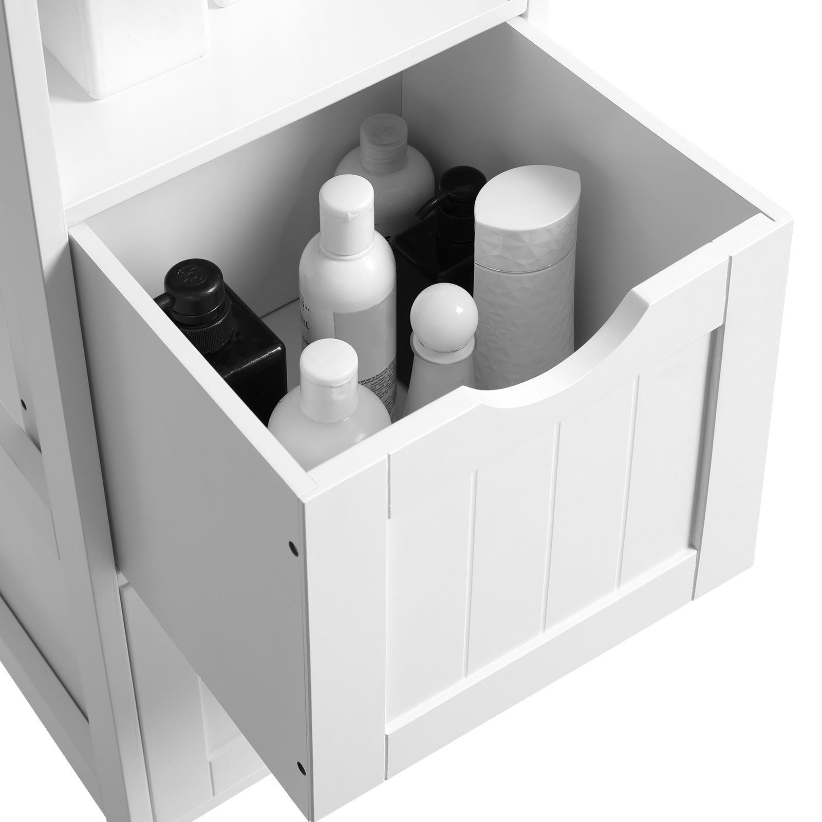 Bathroom cabinet - High cupboard with 2 drawers and 3 open compartments - 30 x 30 x 141.5 cm - White