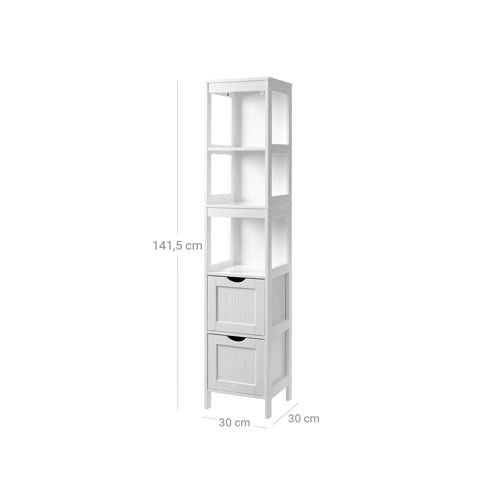Bathroom cabinet - High cupboard with 2 drawers and 3 open compartments - 30 x 30 x 141.5 cm - White