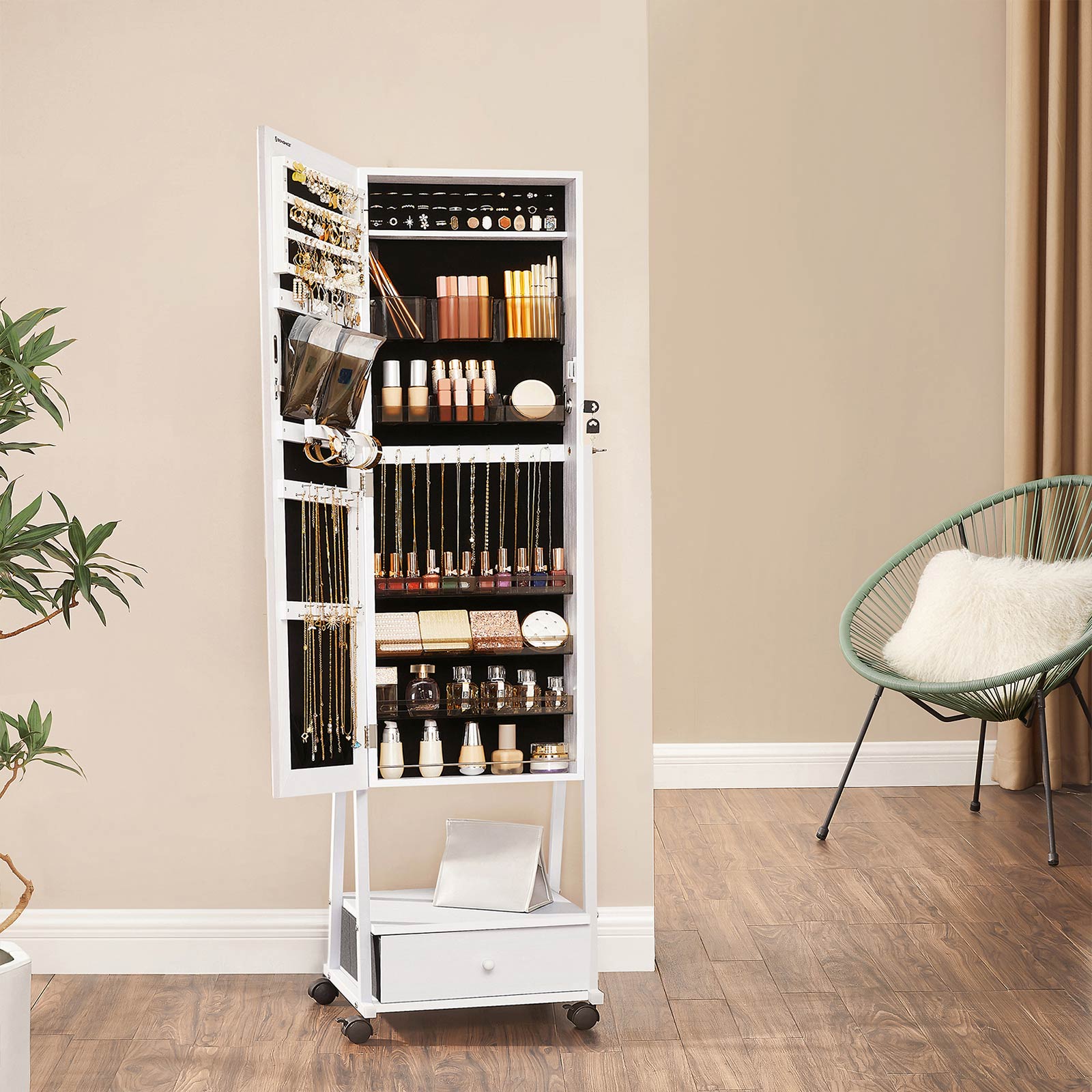 Jewelry Organizer - Jewelry cabinet - With mirror - With drawer - Lockable - White