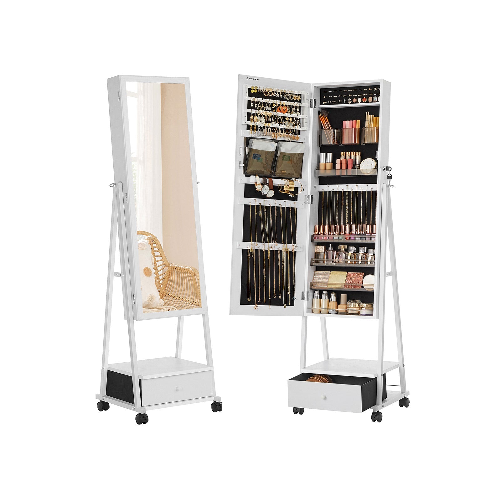 Jewelry Organizer - Jewelry cabinet - With mirror - With drawer - Lockable - White