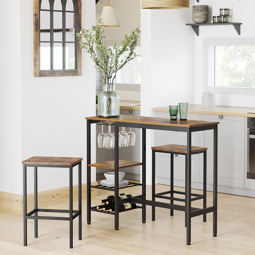 Bar table - with wine glasses and bottle holders - kitchen table - brown/black