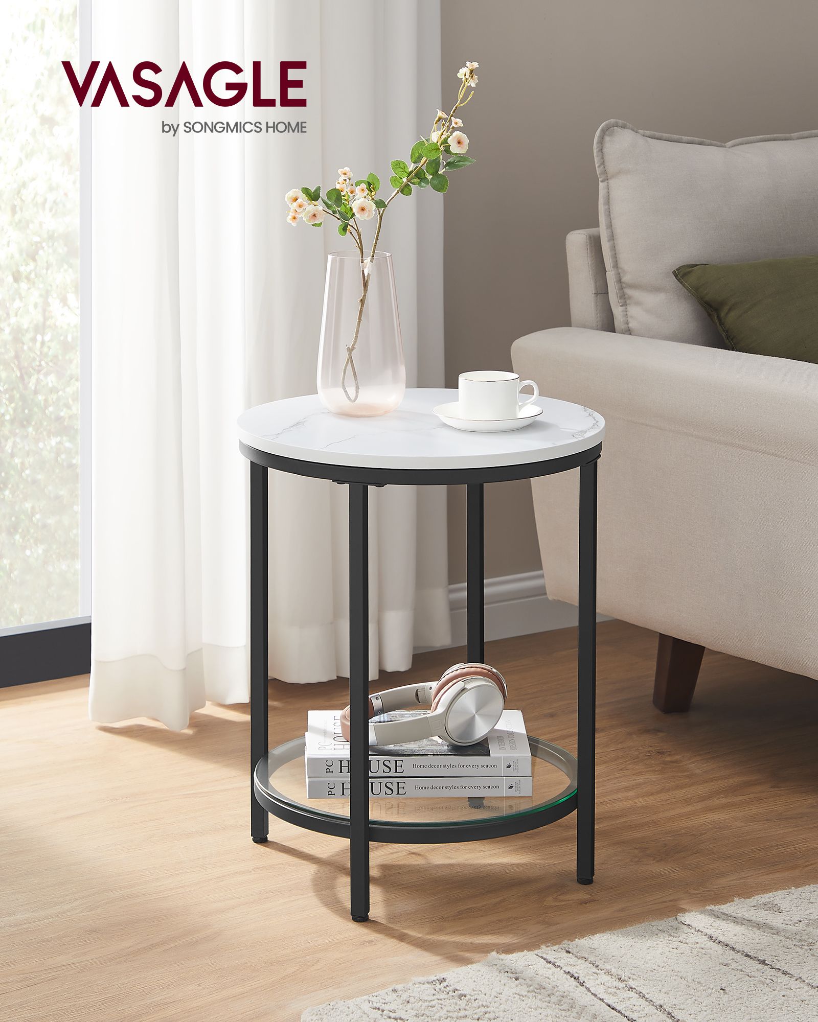 Side table - 2 levels - White Marble look - Black frame