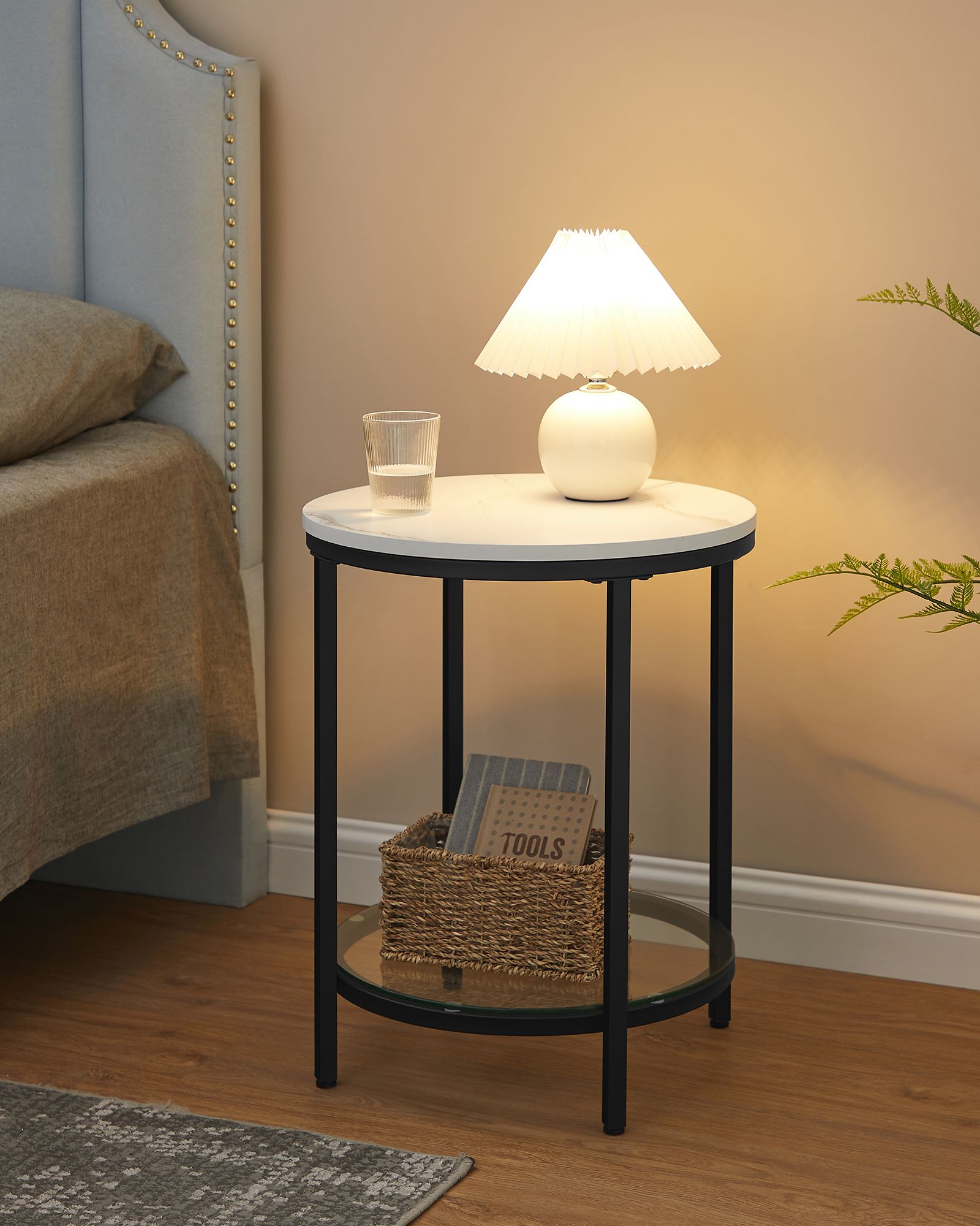 Side table - 2 levels - White Marble look - Black frame