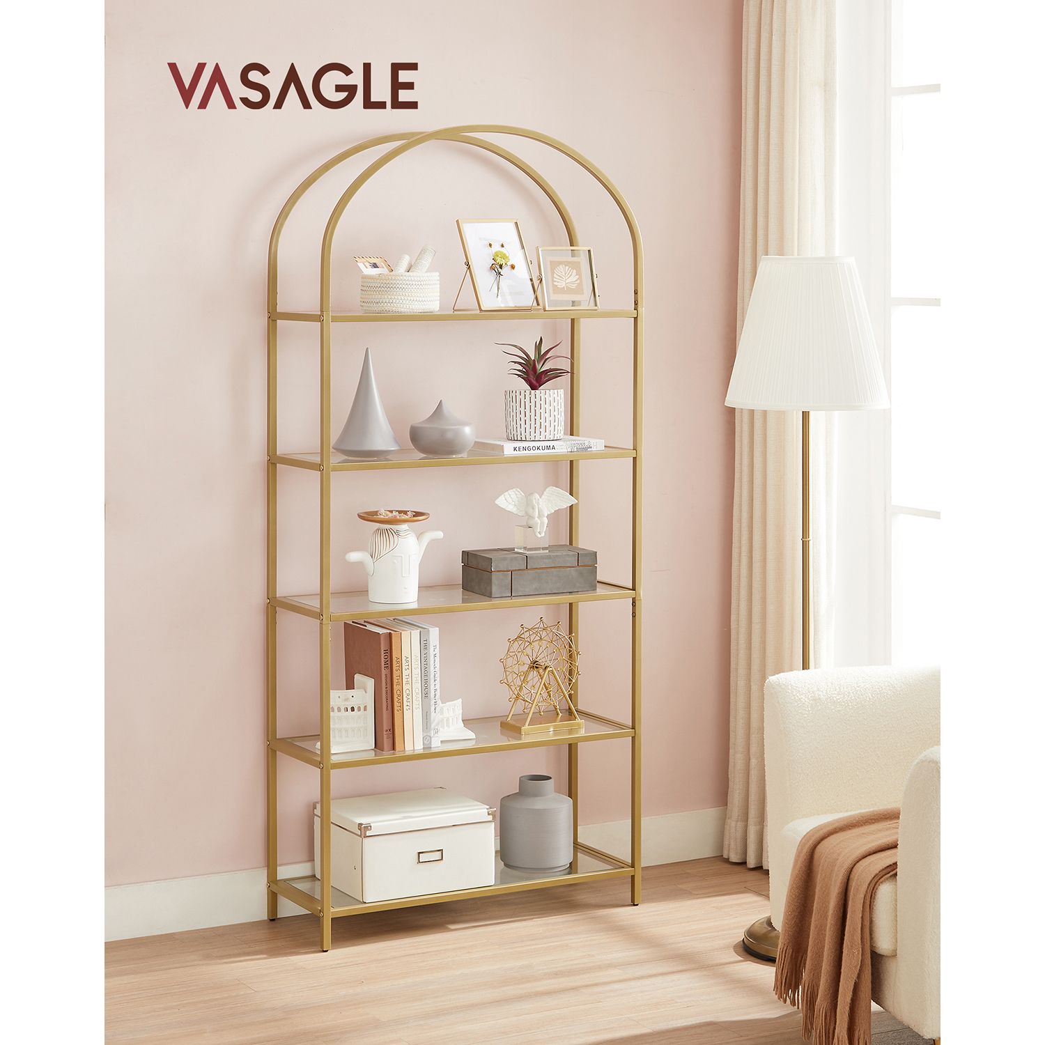 Bookcase - 5 shelves - tempered glass