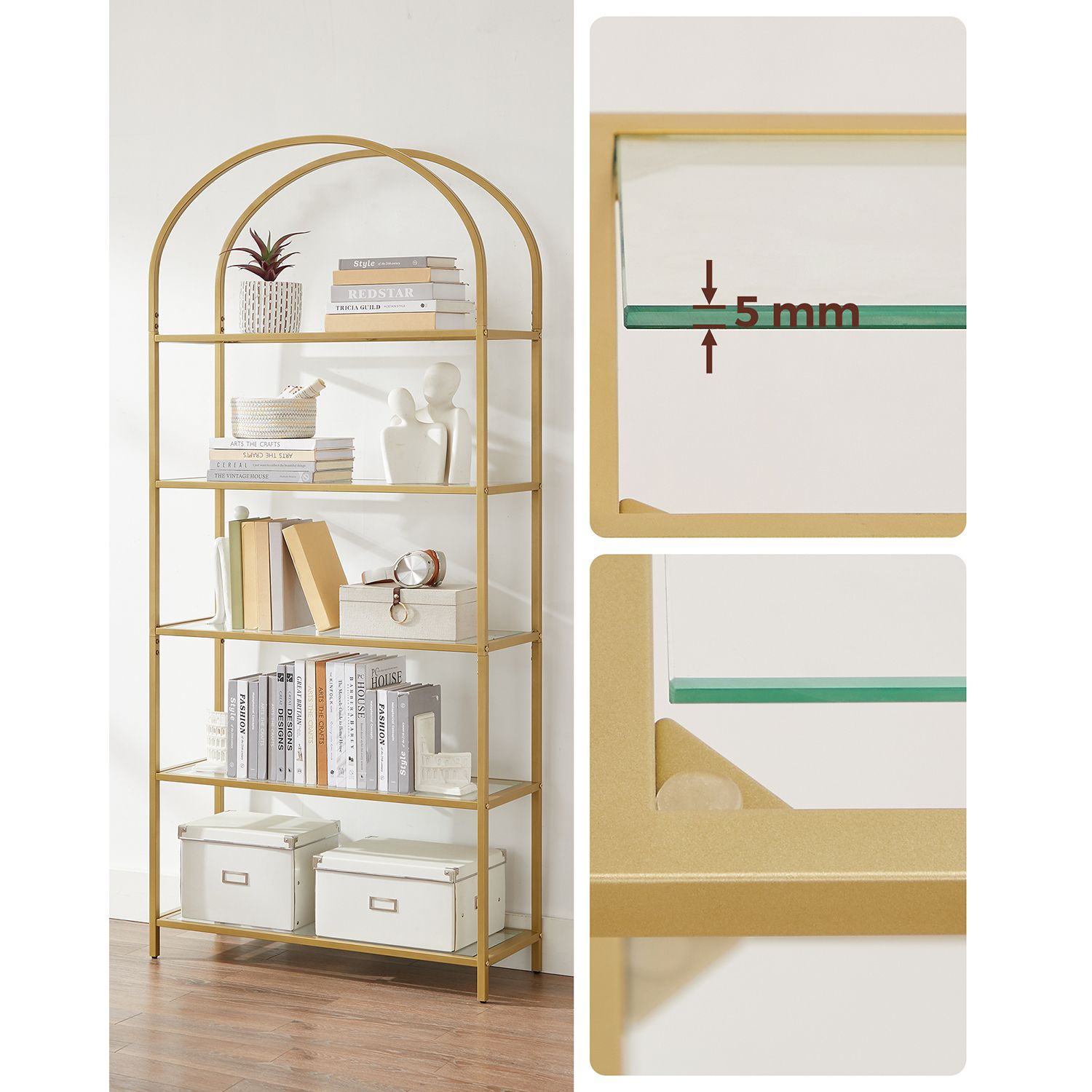 Bookcase - 5 shelves - tempered glass