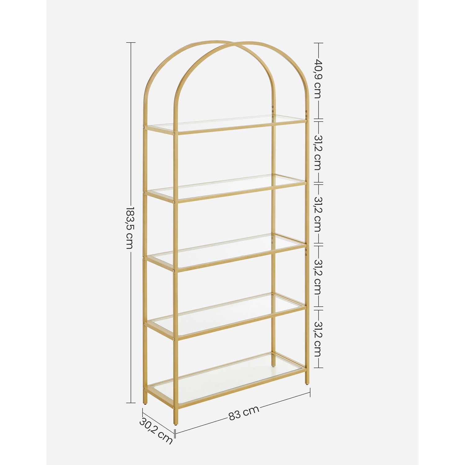 Bookcase - 5 shelves - tempered glass
