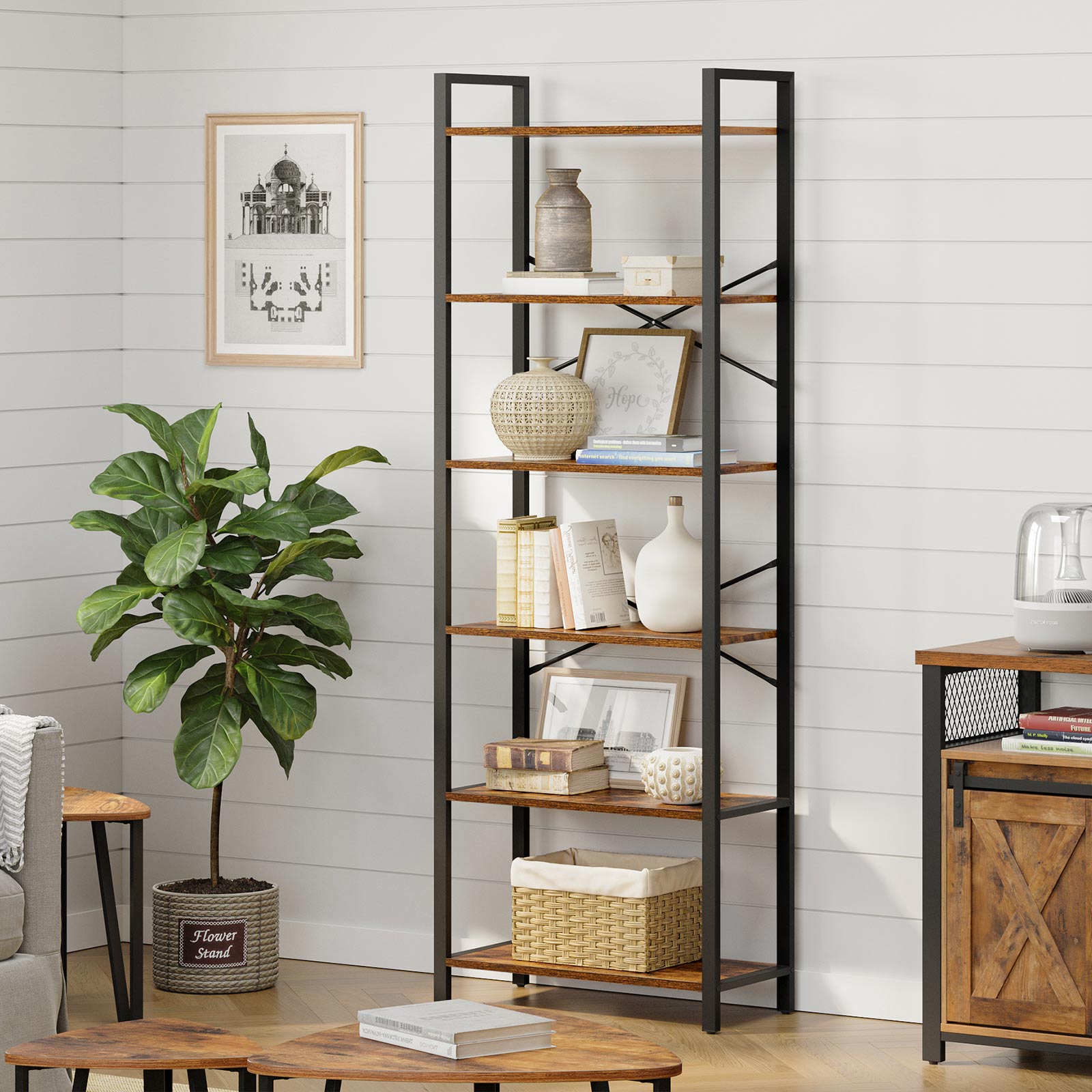 Bookcase - 6 levels - 30 x 120 x 172.5 cm - Vintage brown / black