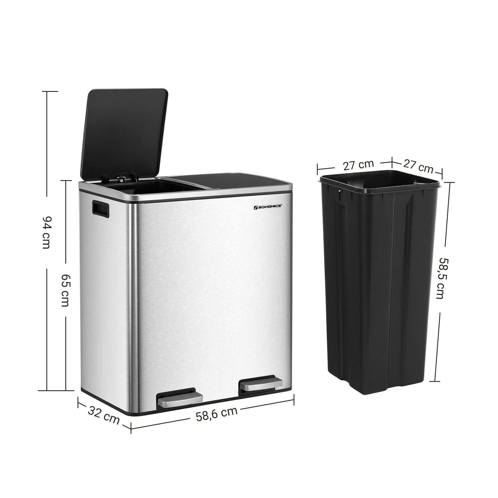 Waste bin - 2 x 30 l - airtight - waste separation - silver