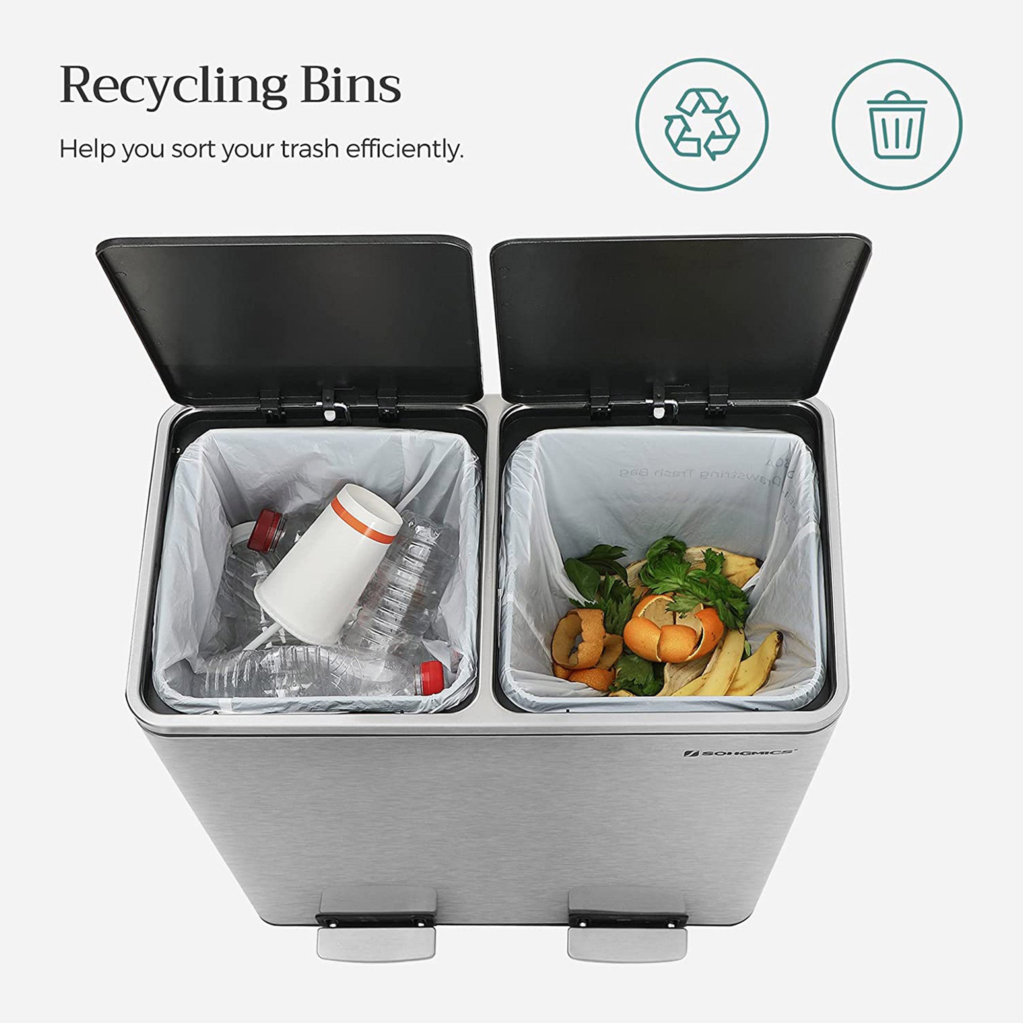 Waste bin - 2 x 30 l - airtight - waste separation - silver