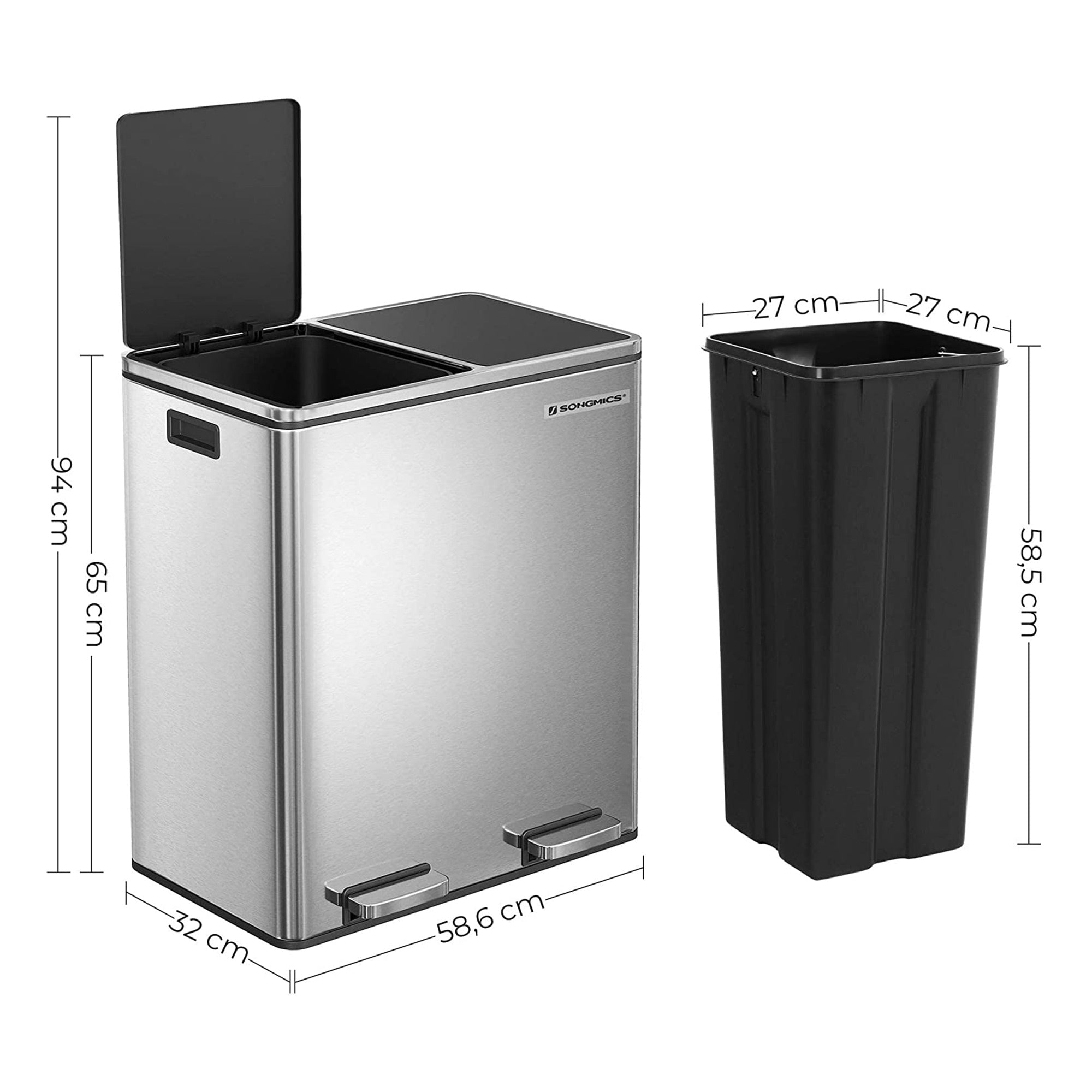 Waste bin - 2 x 30 l - airtight - waste separation - silver