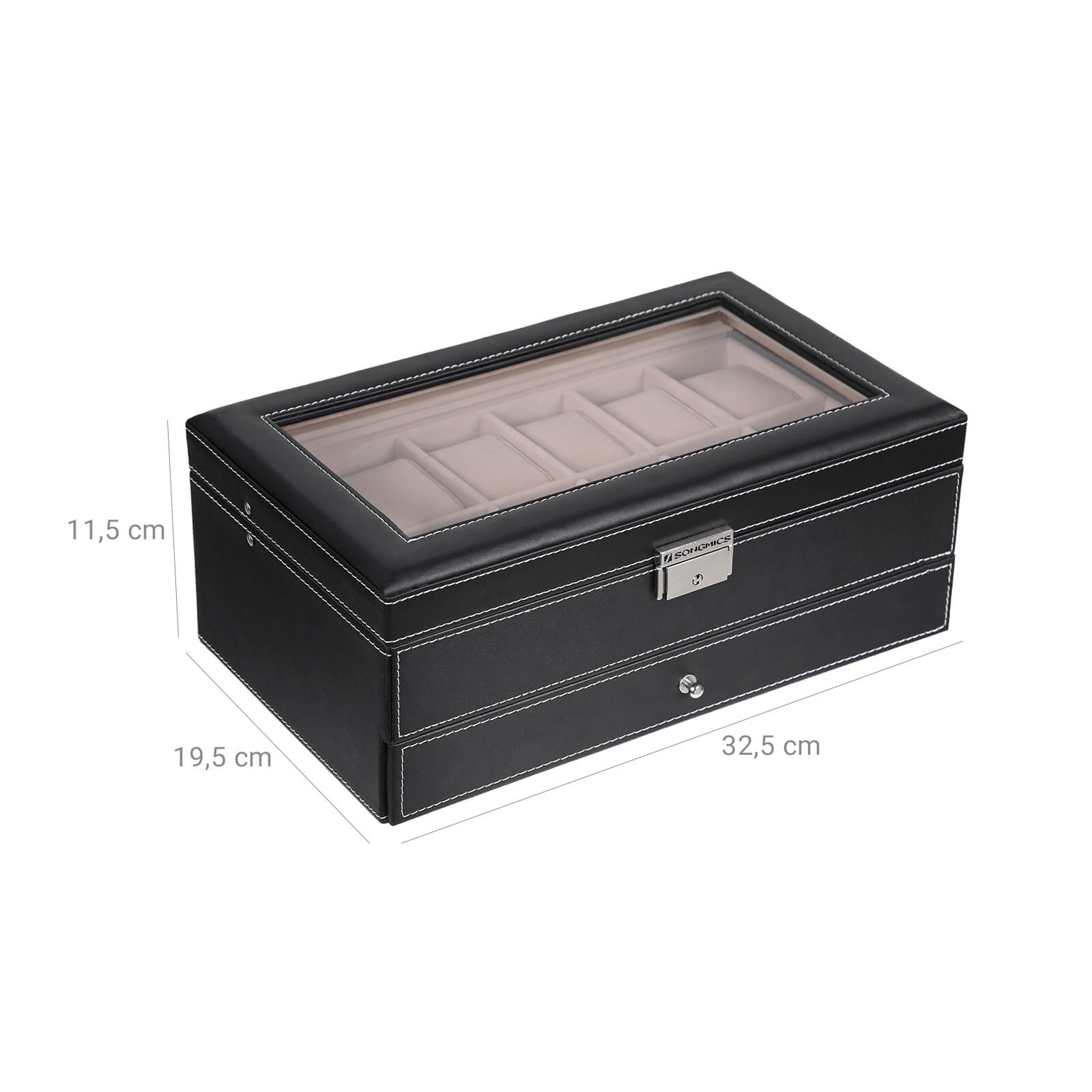 Watchbox - with drawer - 12 watches - jewelry box - Glass lid - Black