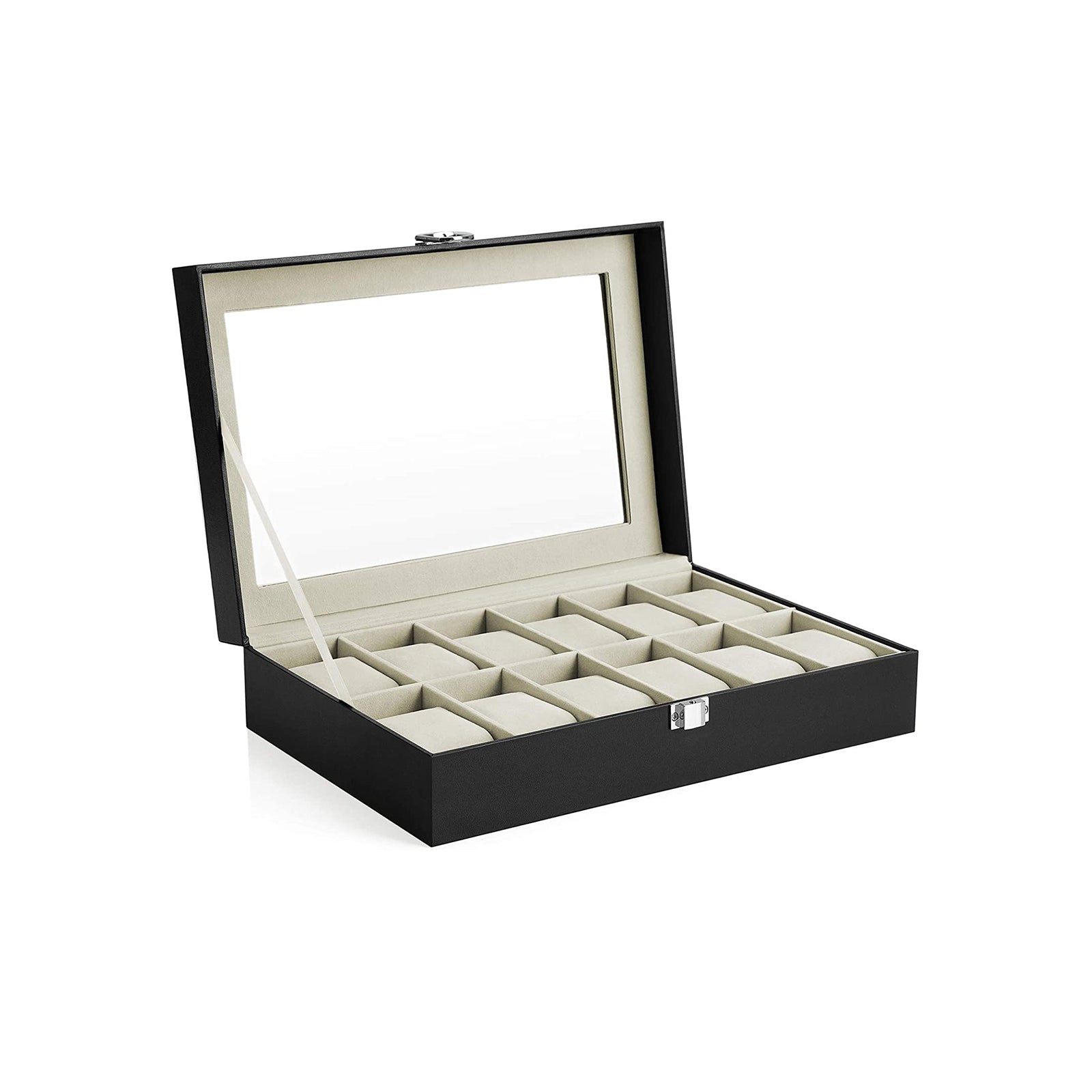 Watchbox - 12 watches - Glass lid - Black